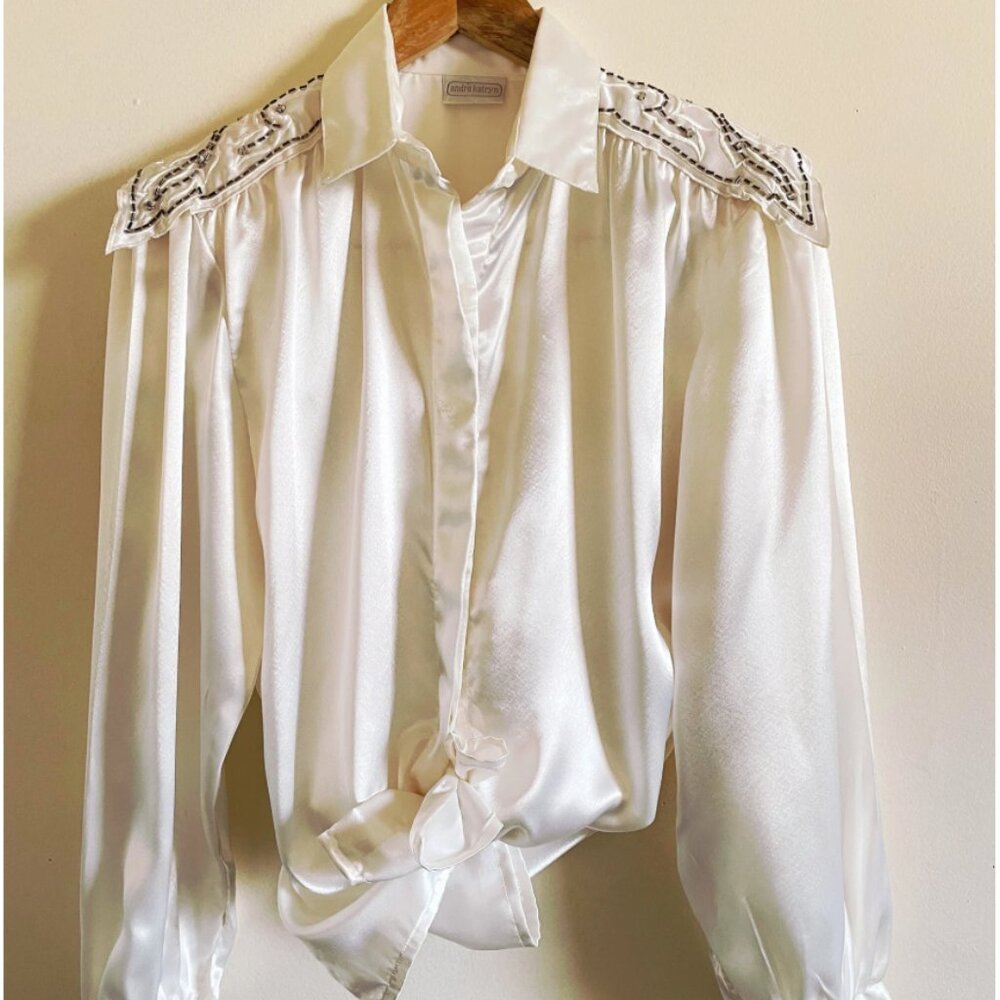 Vintage Ivory - Off White Satin Fancy Blouse 80s | Vintage Blouse Shoulder Detai